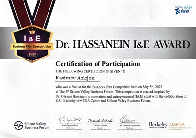 Business Plan Competition finalist certificate